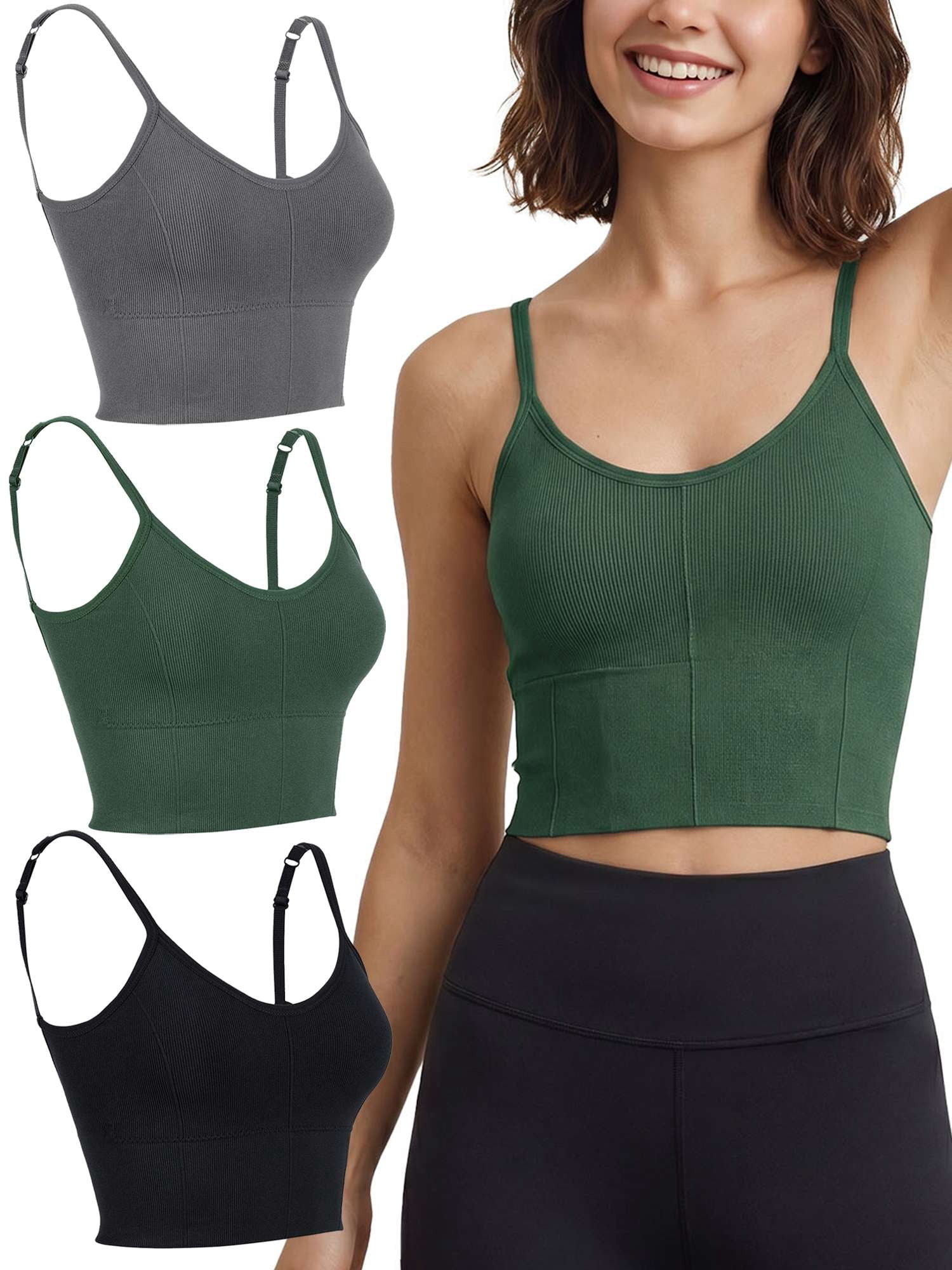 Gustave 3 Pack Women Cami Bras Seamless Padded Yoga Bralettes Wirefree Workout Sports Bra Comfort Camisole Spaghetti Strap Crop Tops "Black/Gray/Green"