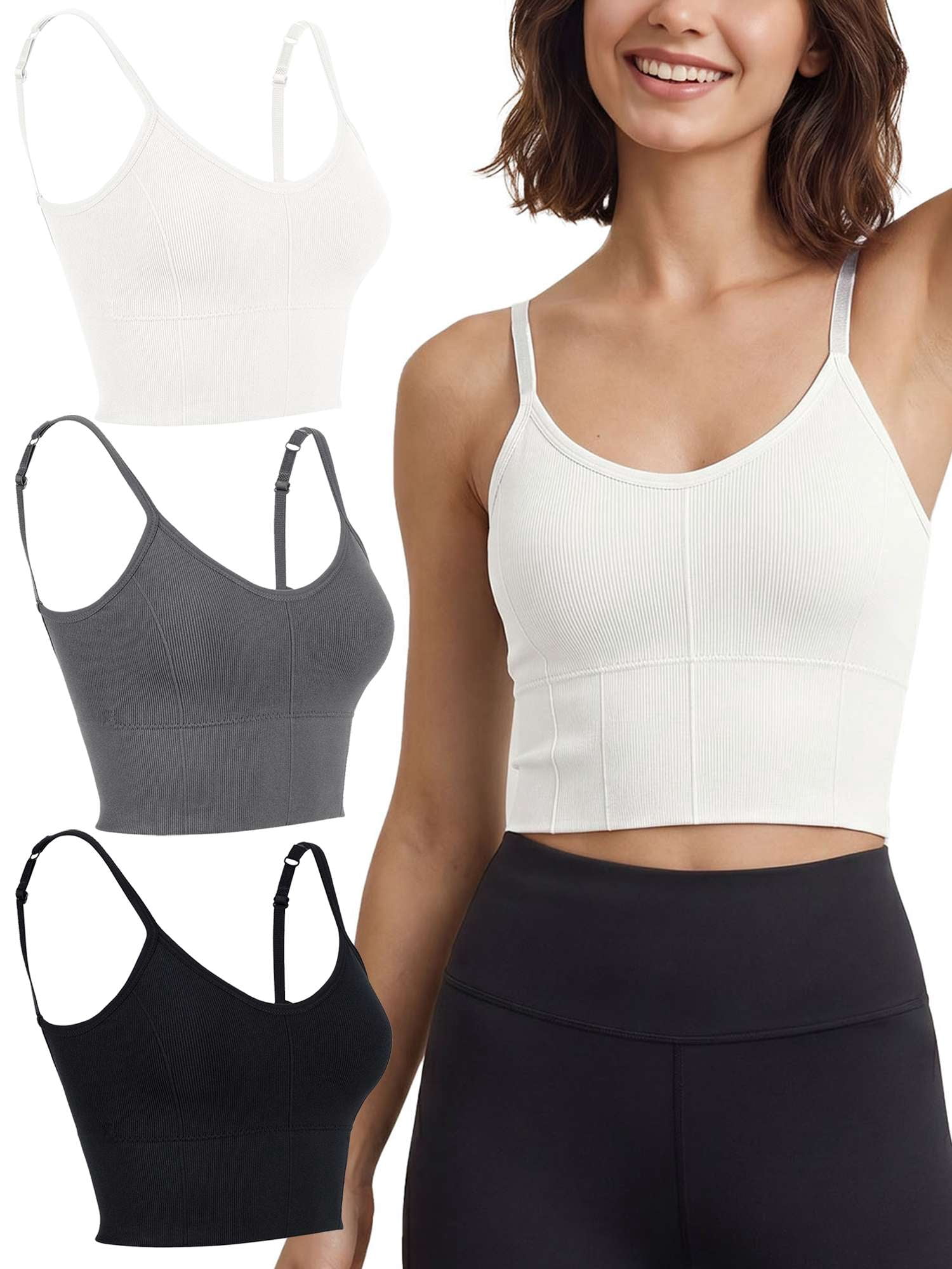 Gustave 3 Pack Women Cami Bras Seamless Padded Yoga Bralettes Wirefree Workout Sports Bra Comfort Camisole Spaghetti Strap Crop Tops "Black/Gray/White"