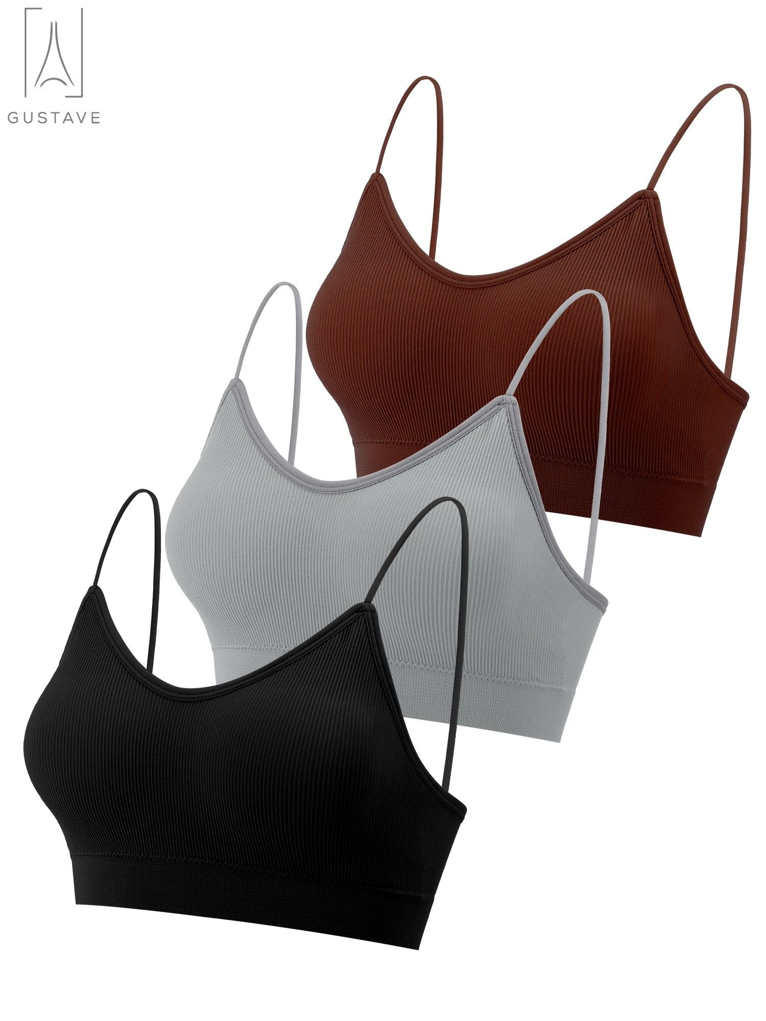 Gustave 3-Pack Women's Seamless Cami Bra V Neck Padded Bralette Spaghetti Strap Pullover Style Bras Tank Top Wire Free "Size M"