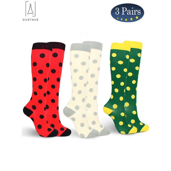 Gustave 3 Pairs Graduated Knee High Compression Socks for Men Women Polka Dot Print Athletic Circulation Support Stocking for Running, Cycling, Travel, Flight "Green & Red & Beige, S/M"