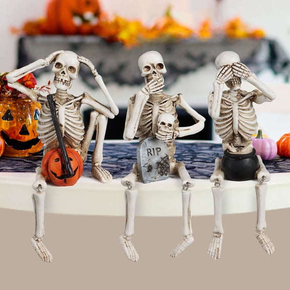 Gustave 3 Pcs Halloween Skeleton Statues Figurines Decorations Hear See Speak No Evil Ghosts Skulls Small Scary Ornaments for Outdoor Indoor Table Shelf Party Decor