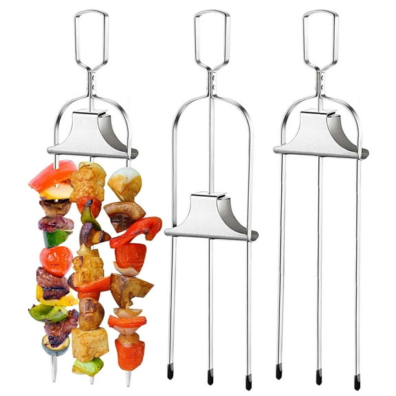 Gustave 3 Pcs Stainless Steel Kabob Skewers for Grilling, 14" 3 Way Reusable Metal Grill Skewer Kabob Sticks with Push Bar Slider for Meat Veggies Chicken Sausages, Barbecue BBQ Accessory