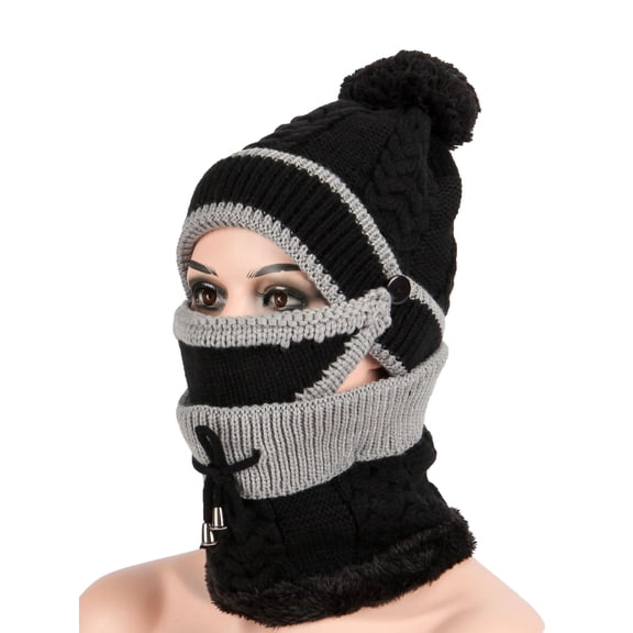 Gustave 3 in 1 Warm Anti-fog Beanie Hat Scarf and Mask Set, Fleece Inside Knitted Riding Cap Infinity Scarves Winter Accessories for Women (Black)