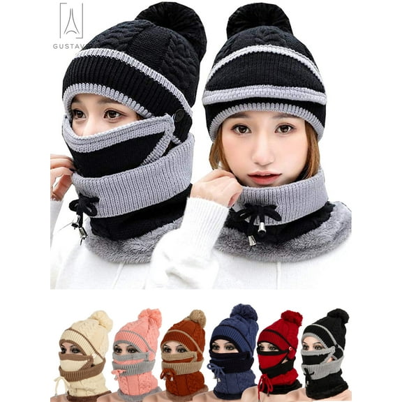 Gustave 3 in 1 Warm Anti-fog Beanie Hat Scarf and Mask Set, Fleece Inside Knitted Riding Cap Infinity Scarves Winter Accessories for Women (Black)