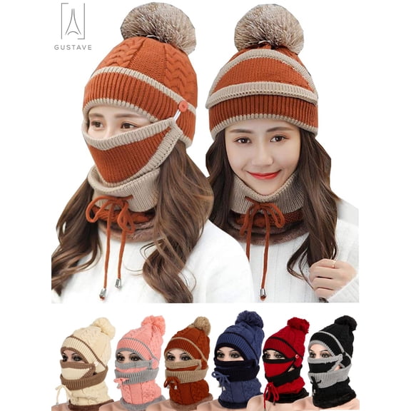 Gustave 3 in 1 Warm Anti-fog Beanie Hat Scarf and Mask Set, Fleece Inside Knitted Riding Cap Infinity Scarves Winter Accessories for Women (Caramel)
