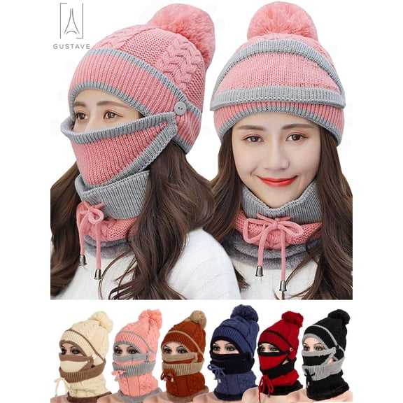 Gustave 3 in 1 Warm Anti-fog Beanie Hat Scarf and Mask Set, Inside Knitted Riding Cap Infinity Scarves Winter Accessories for Women (Pink)