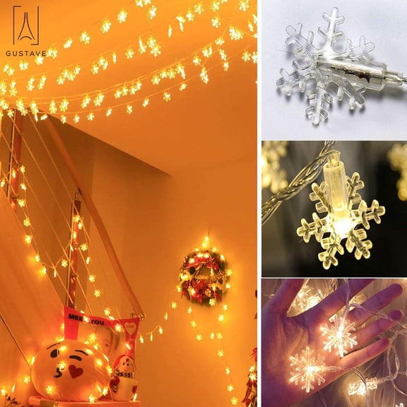 Gustave 32.81ft Christmas Snowflake String Lights Battery Powered Waterproof 80LEDs Fairy Lights for Xmas Garden Party Decor Celebration Lighting "Warm White, 80LED"
