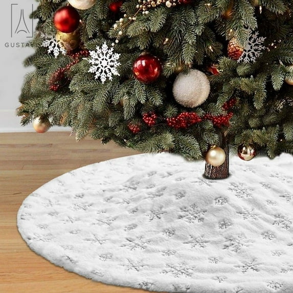 Gustave 35inch Snowflake Christmas Tree Skirt Snowy White Faux Fur Xmas Tree Skirt for Christmas Decorations Indoor Outdoor New Year Party Supply "Silver"