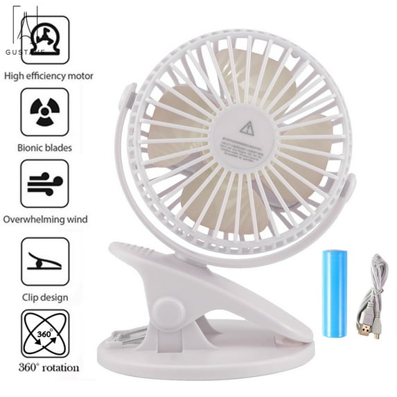 Gustave 360° Adjustable Mini Clip Cooling Fan Portable Battery USB Rechargeable 2 in 1 Desk Fan for Car baby Stroller Office Camping "White"