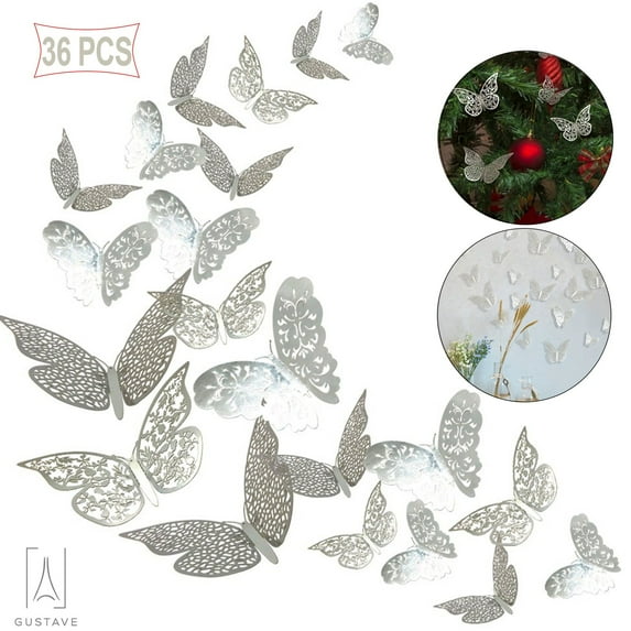 Gustave 36PCS 3D Butterfly Wall Stickers,Removable Mural Metallic Paper Hollow-Out Butterfly Wall decor for DIY Home Nursery Party Christmas (Silver)