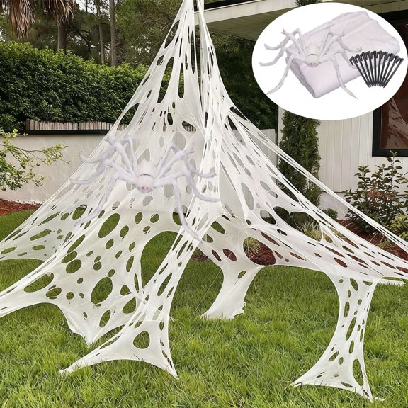 Gustave 39" x 79" Beef Netting Spider Web & 49" Fake Spider, Halloween Decoration Gauze Stretch Cobwebs Spiderwebs with Stakes for Yard Garden Party Outdoor Indoor Decor