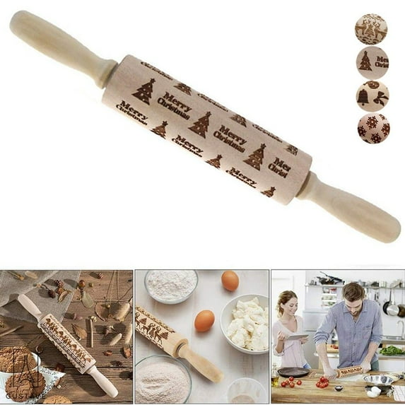 Gustave 3D Christmas Wooden Rolling Pin Embossing Roller Pins Wood Embossing Embossed XMAS Pattern for Cookies Baking Kitchen Tool (Christmas Tree, 13.8")