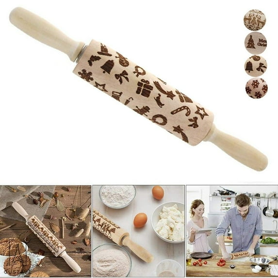 Gustave 3D Christmas Wooden Rolling Pin Embossing Roller Pins Wood Embossing Embossed XMAS Pattern for Cookies Baking Kitchen Tool (Bell, 17")