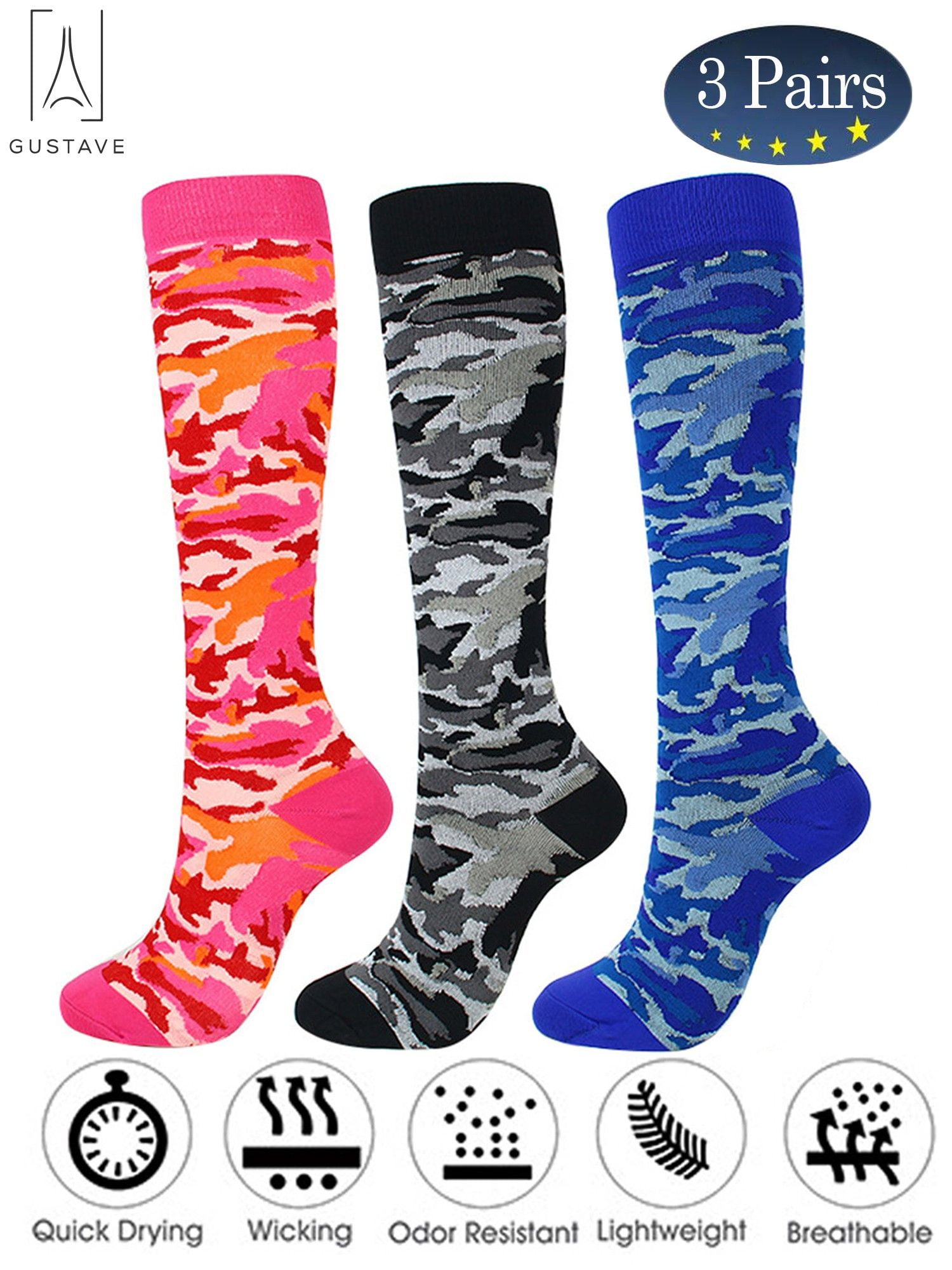 Gustave 3Pair Camo Compression Socks Nursing Performance Socks for