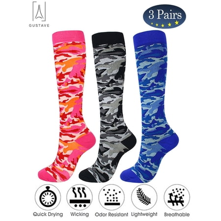 Gustave 3Pair Camo Compression Socks Nursing Performance Socks for Edema,Diabetic, Varicose Veins,Running Marathon Camouflage Pressure Socks "Black & Blue & Pink, L/XL"