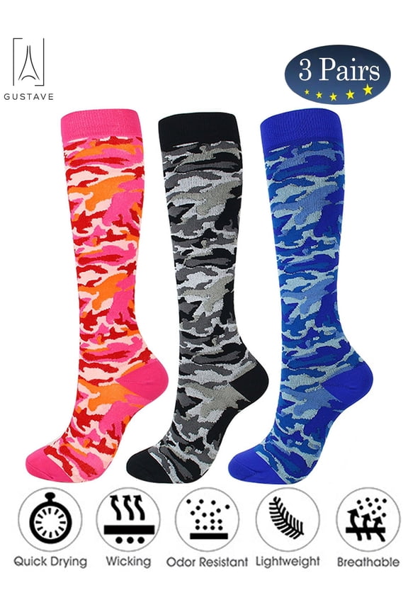 3Pair Camo Compression Socks Nursing Performance Socks for Edema,Diabetic,Varicose Veins,Running Marathon Camouflage Pressure Socks "Black & Blue & Pink, S/M"