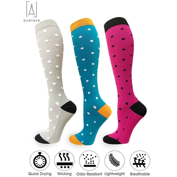 Gustave 3Pairs Knee High Graduated Compresion Socks 15-25mmHg Athletic Running Socks for Nursing Travel Medical Compression Stocking "Gray & Blue & Rose Red, S/M"