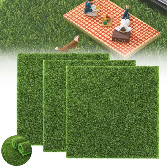 Gustave 3Pcs Artificial Garden Craft Grass Miniature Fairy Garden Fake Grass Mats Turf Lawn for Dollhouse Ornament DIY Crafts Decoration, Green, 12 x 12 Inch