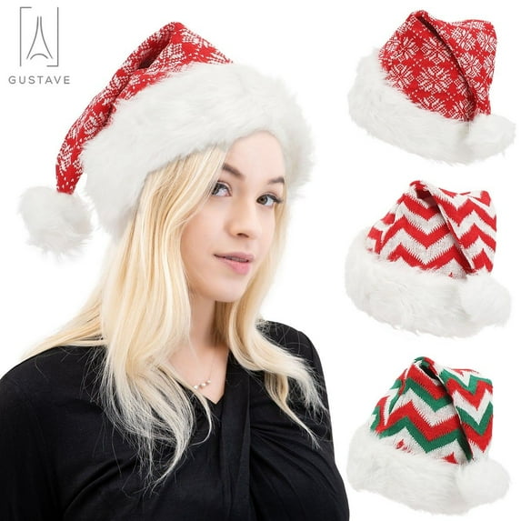 Gustave 3Pcs Christmas Hats Santa Hats Comfort Knitted Xmas Holiday Hats Thicken Classic Fur for Christmas New Year Festive Party Supplies - Adult Size