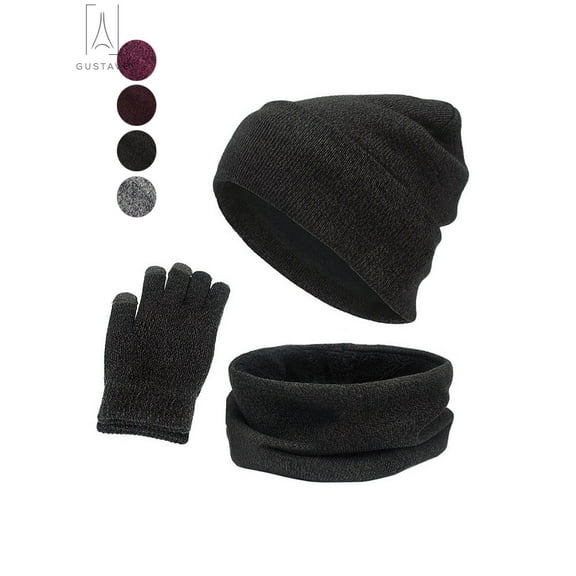 Gustave 3Pcs Winter Hat Scarf Gloves Set for Men and Women, Knit Slouchy Beanie Hat -Touch Phone Gloves -Infinity Scarf, Black