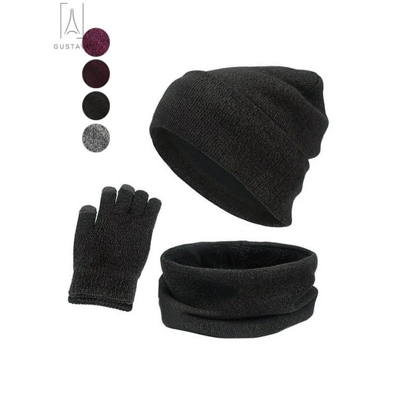 Gustave 3Pcs Winter Hat Scarf Gloves Set for Men and Women, Knit Slouchy Beanie Hat -Touch Phone Gloves -Infinity Scarf, Black