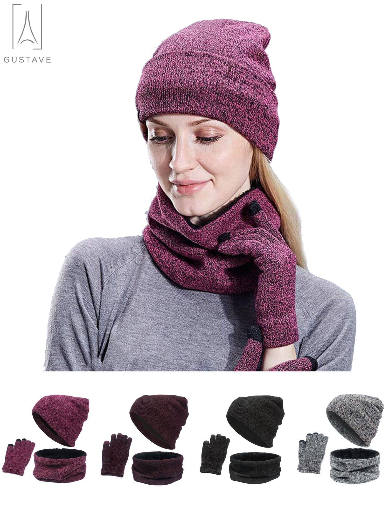 Gustave 3Pcs Winter Hat Scarf Gloves Set for Men and Women, Knit ...