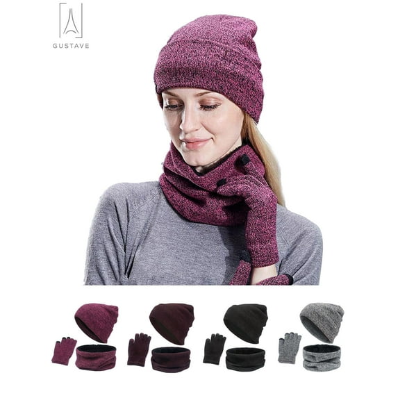 Gustave 3Pcs Winter Hat Scarf Gloves Set for Men and Women, Knit Slouchy Beanie Hat -Touch Phone Gloves -Infinity Scarf, Rose Red