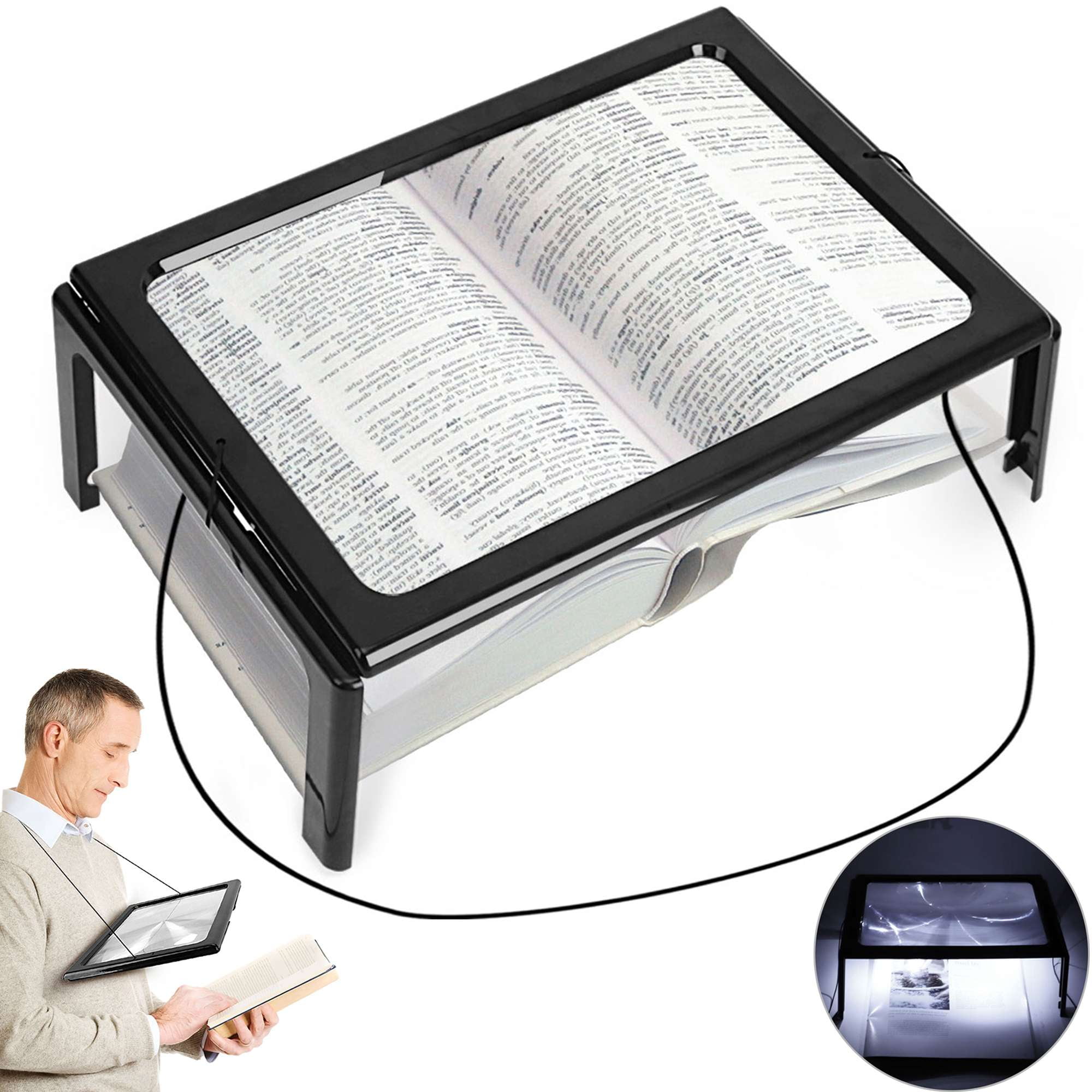 Gustave 3X Large Full Page Magnifier with 4 LED Light, Hands Free ...