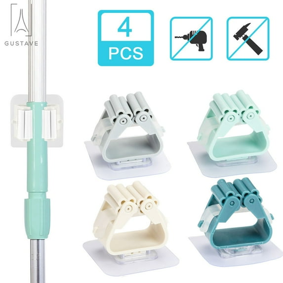 Gustave 4 PCS Wall Mounted Mop Holder, Self Adhesive No Drilling Anti-Slip Hanger Home Storage Rack Hooks Household Tools "White, 4pcs"