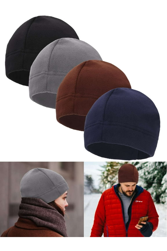 4 Pack Winter Fleece Skull Cap Beanie for Men Women Windproof Watch Caps Warm Thick Helmet Liner Beanies Hat for Outdoor Hiking Skiing Cycling Running "Black/ Gray/ Brown/ Navy"
