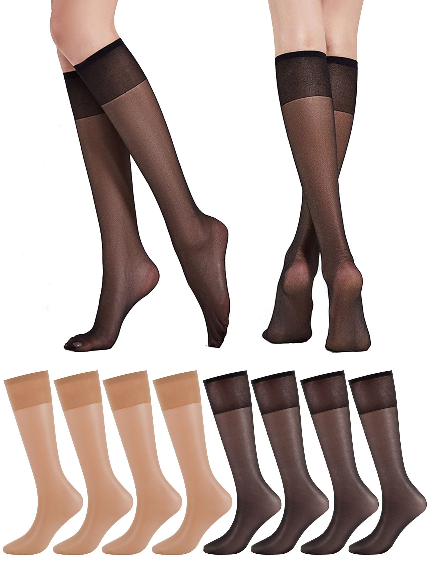Gustave 4 Pack Women's Sheer Knee Highs Stockings Elastic