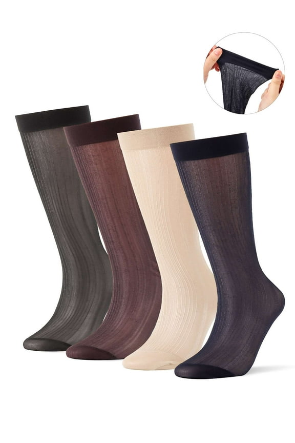 4 Pairs Mens Sheer Dress Socks Ultra Thin Silk Business Socks Summer Breathable Striped Transparent Crew Socks "Black & Coffee & Navy & Khaki"
