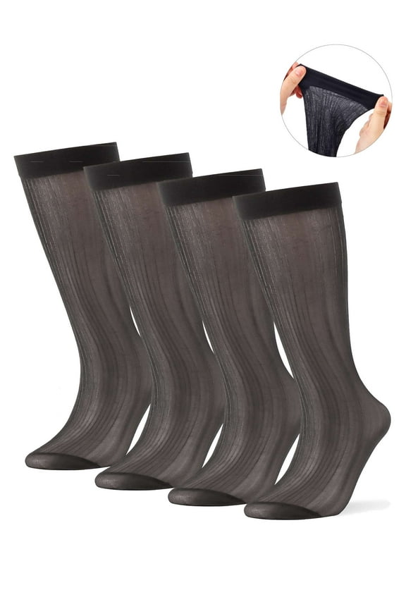 4 Pairs Mens Sheer Dress Socks Ultra Thin Silk Business Socks Summer Breathable Striped Transparent Crew Socks "Black"