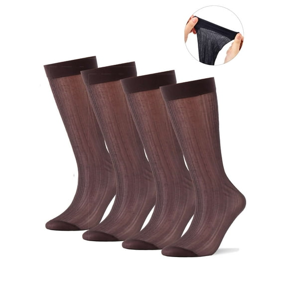 Gustave 4 Pairs Mens Sheer Dress Socks Ultra Thin Silk Business Socks Summer Breathable Striped Transparent Crew Socks "Coffee"