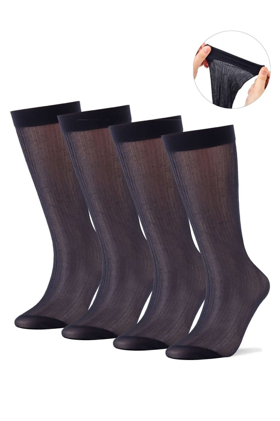4 Pairs Mens Sheer Dress Socks Ultra Thin Silk Business Socks Summer Breathable Striped Transparent Crew Socks "Navy"