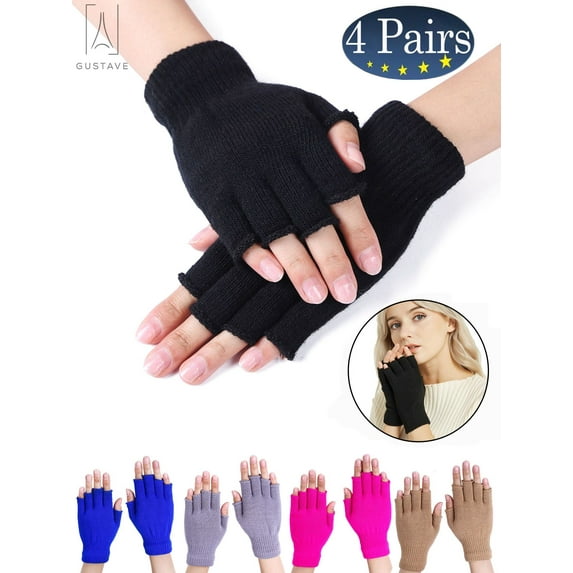 Gustave 4 Pairs Unisex Half Finger Gloves Winter Stretchy Knit Fingerless Gloves Warm Glove for Women and Men