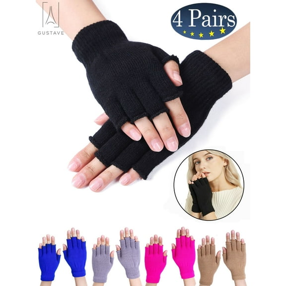 Gustave 4 Pairs Unisex Half Finger Gloves Winter Stretchy Knit Fingerless Gloves Warm Glove for Women and Men