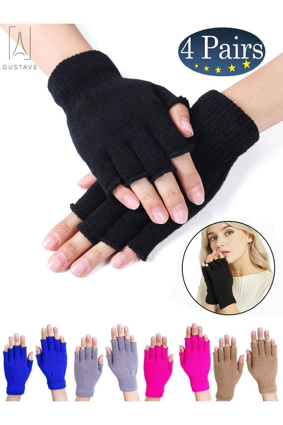 4 Pairs Unisex Half Finger Gloves Winter Stretchy Knit Fingerless Gloves Warm Glove for Women and Men