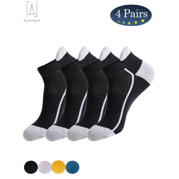 Gustave 4 Pairs Womens Men Low Cut Ankle Athletic Socks Cushioned Running Performance Breathable Tab Sock (Black)