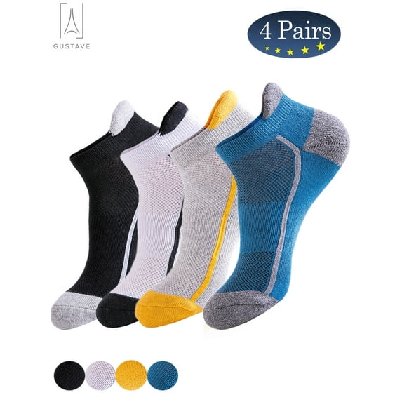 Gustave 4 Pairs Womens Men Low Cut Ankle Athletic Socks Cushioned Running Performance Breathable Tab Sock (Mixed Colors)
