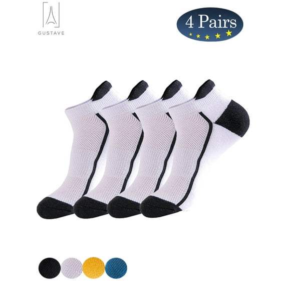 Gustave 4 Pairs Womens Men Low Cut Ankle Athletic Socks Cushioned Running Performance Breathable Tab Sock (White)