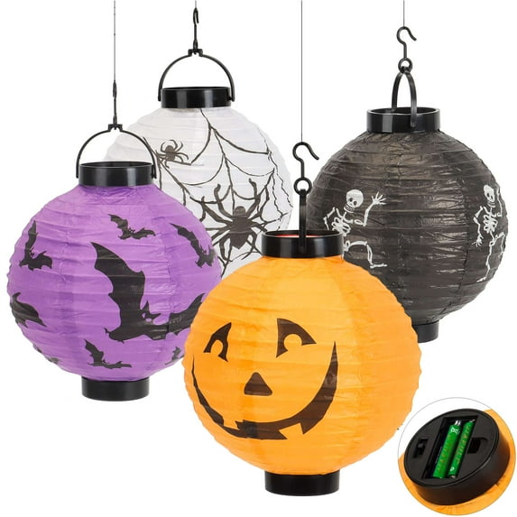 Gustave 4PCS Halloween Paper Lanterns Hanging Jack-O-Lantern Lights Battery Operated Pumpkin Spider Skeleton Bat Lighted Lantern Decoration for Indoor Outdoor Home Party