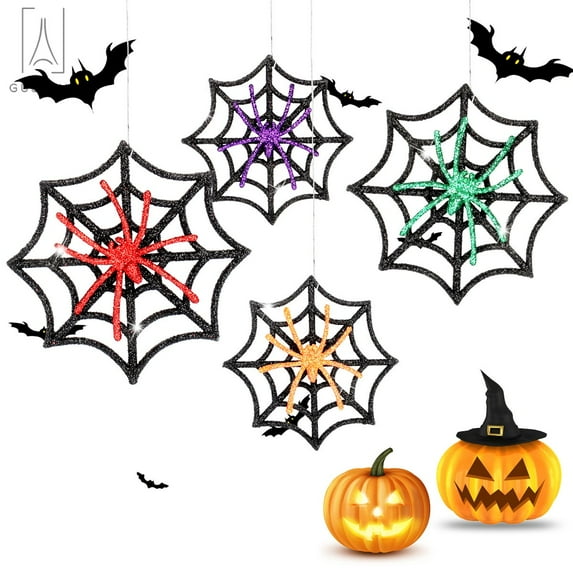 Gustave 4Pcs Glitter Halloween Spider Decorations Fake Spider on Web Ornaments with Straps Prank Props for Door Window Wall Indoor Outdoor Yard Party Halloween Decor, Orange
