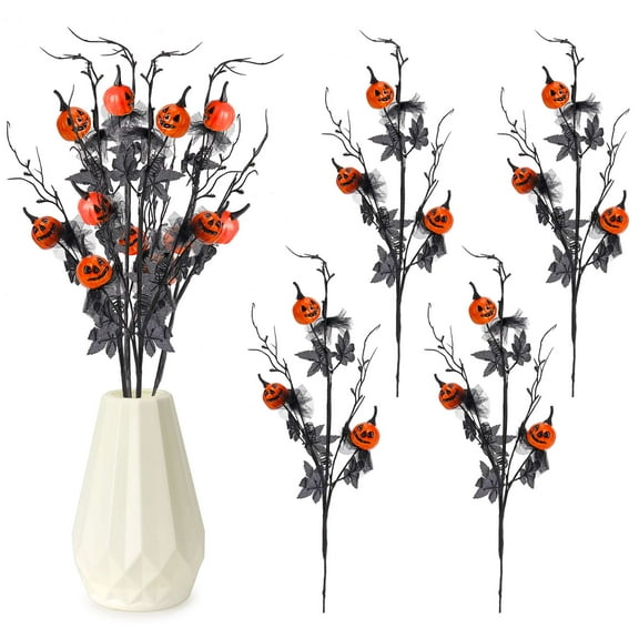 Gustave 4Pcs Halloween Decorations Artificial Flowers 18.5" Pumpkin Maple Leaf Floral Stems Halloween Branches Black Flowers for Table Centerpieces Vase Arrangement Decor