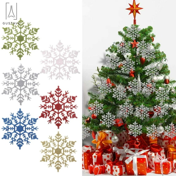 Gustave 4inches Set of 12 Plastic Glitter Snowflake Christmas Ornaments for Xmas Tree Decorating, Garland Crafting, Home Christmas New Year Embellishing "Silver"