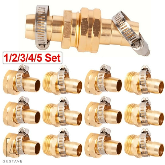 Gustave 5/8" 3/4" Garden Hose Repair Mender Kit Aluminum Hose Connector Male Female Connector with Stainless Steel Clamp, 5 Set