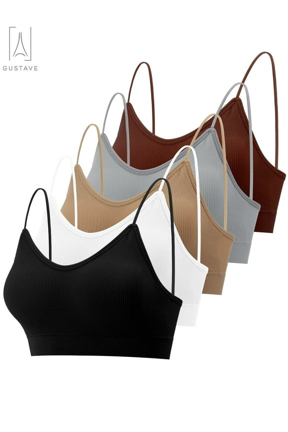 5-Pack Women's Seamless Cami Bra V Neck Padded Bralette Spaghetti Strap Pullover Style Bras Tank Top Wire Free "Size M"