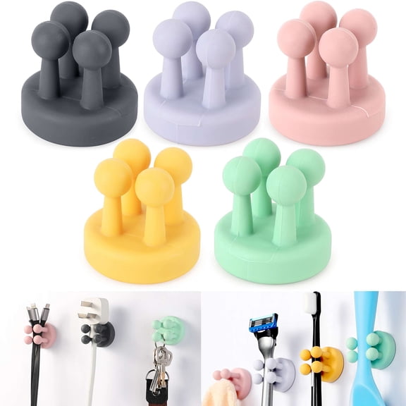 Gustave 5 Packs Silicone Toothbrush Holders Shower Hooks Wall Mounted Adhesive Razor Holder Utility Hanger Hooks for Hanging Towel Key for Home Bathroom Kitchen