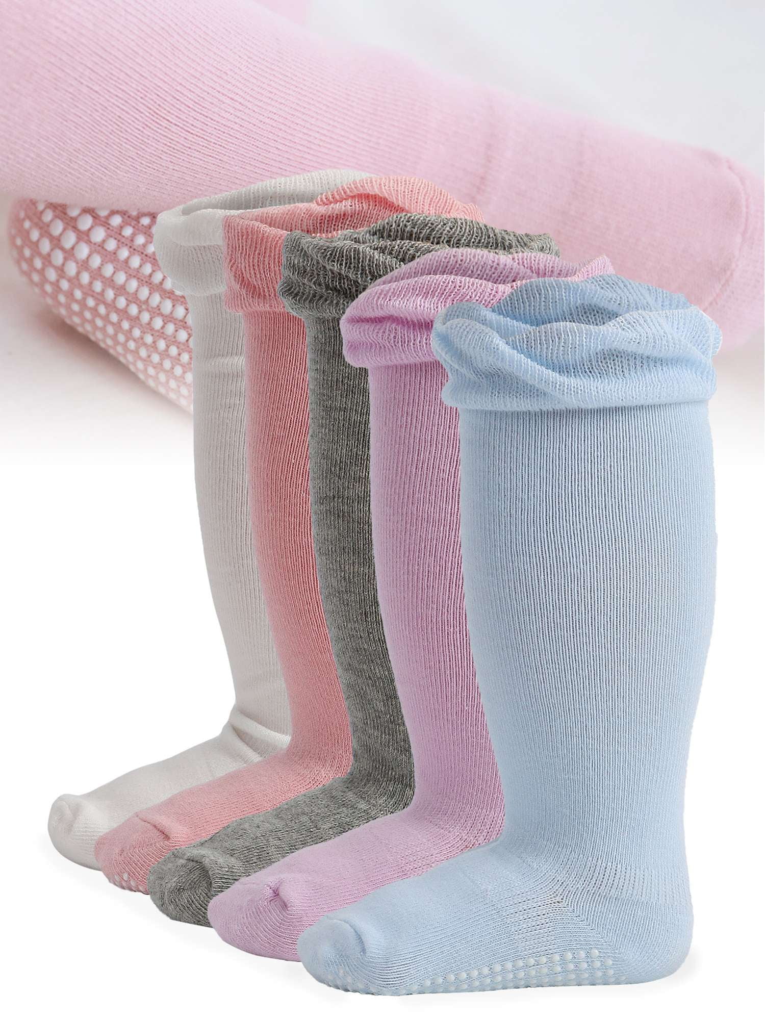 Gustave 5 Pairs Baby Toddlers Knee High Socks Cotton Non Skid Long Grip Socks Anti Slip Cute