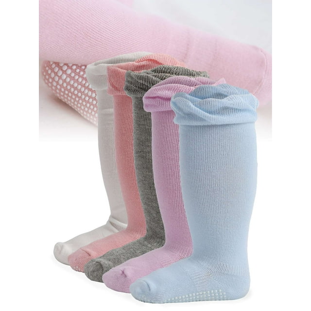 Gustave 5 Pairs Baby Toddlers Knee High Socks Cotton Non Skid Long Grip Socks Anti Slip Cute